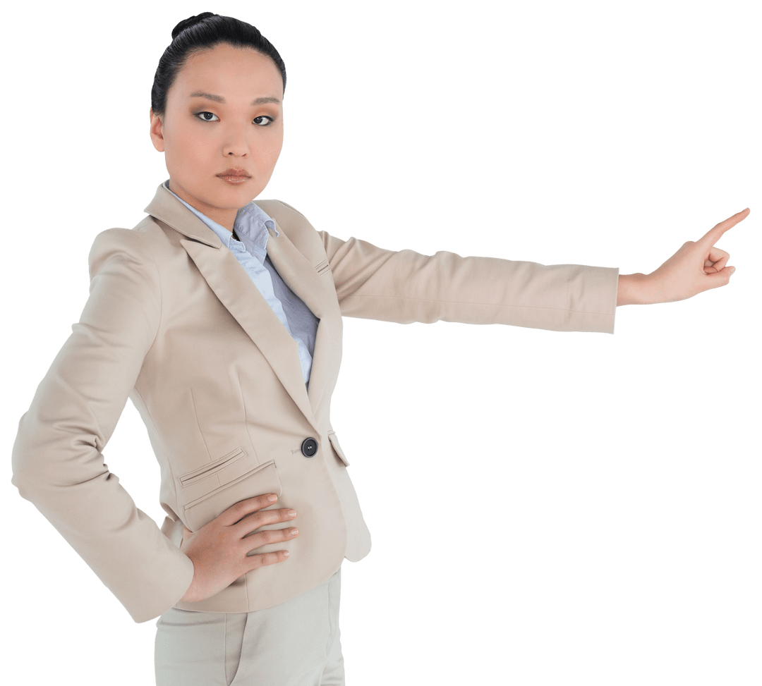 Asian Businesswoman Pointing on Transparent Background, Confident Gesture