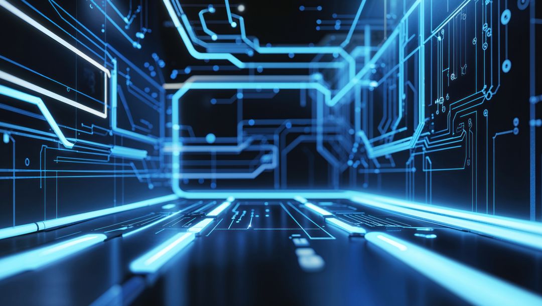 Futuristic Neon Blue Circuit Pathways in Virtual Corridor