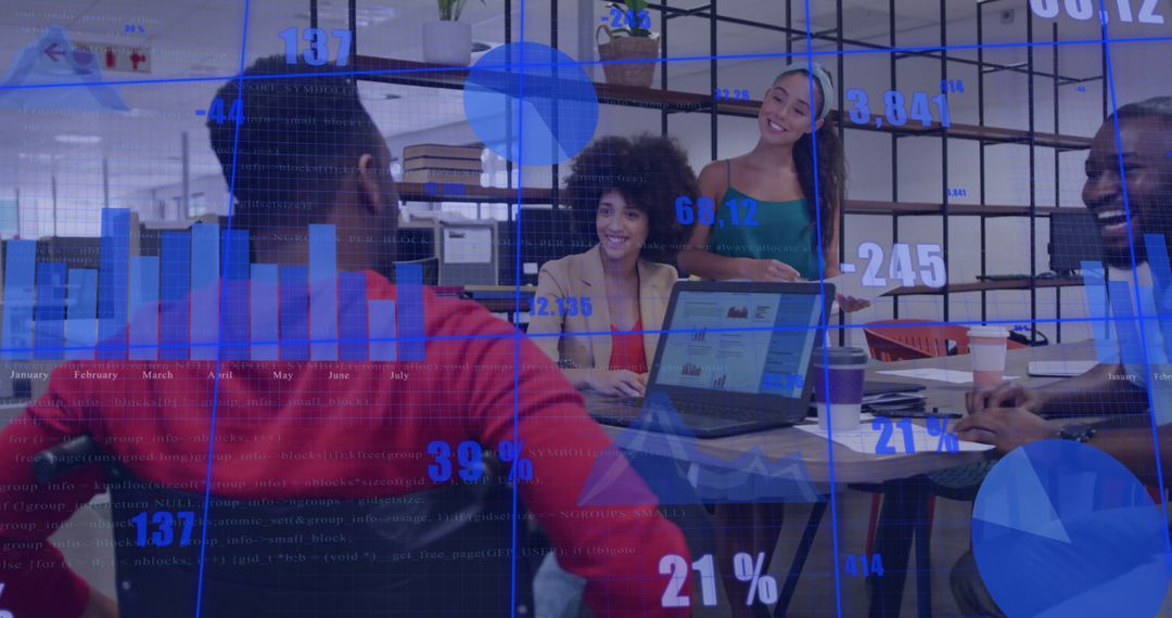 Business Team Collaborating with Financial Data Visualization Overlay