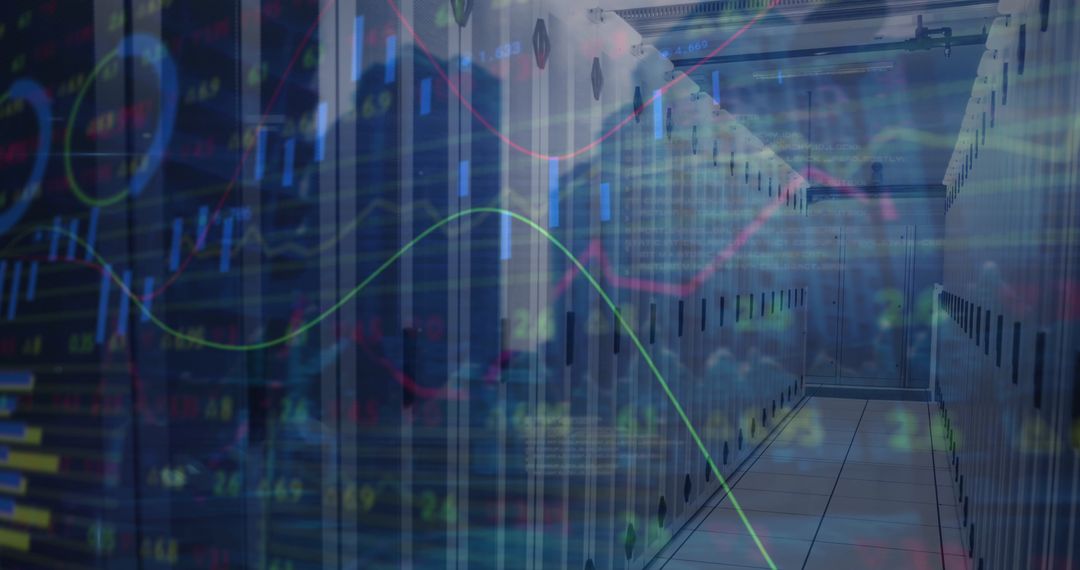 Double Exposure of Server Room and Financial Data Visualization