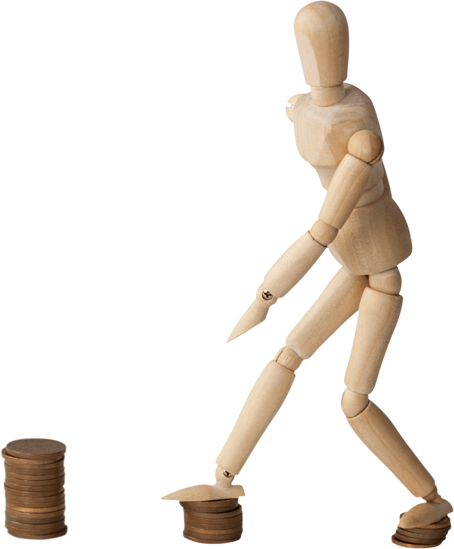 Transparent Wooden Figurine Stepping on Stacked Coins Concept
