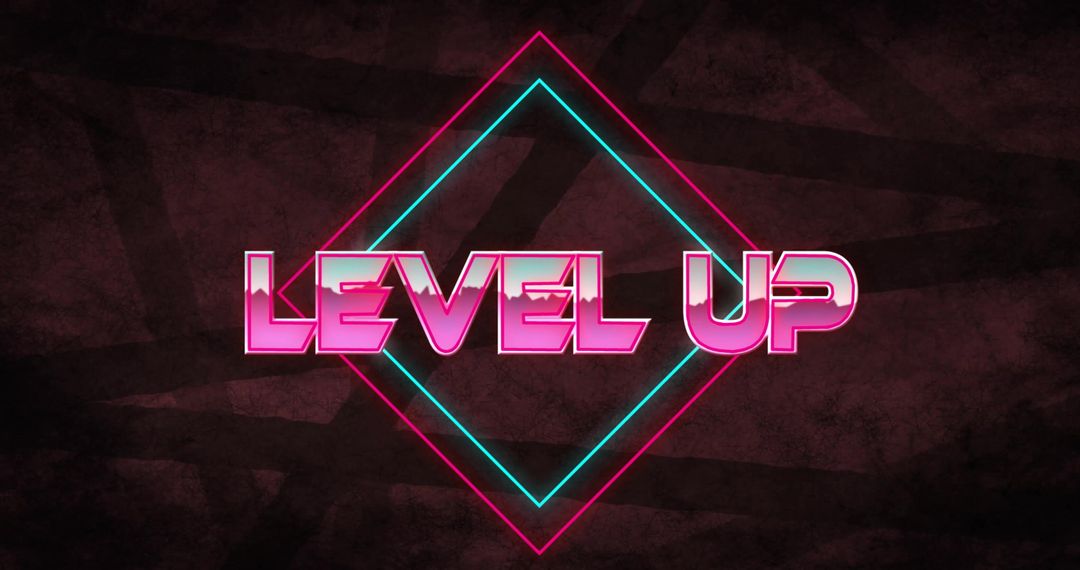 Retro Neon Level Up Text with Geometric Design