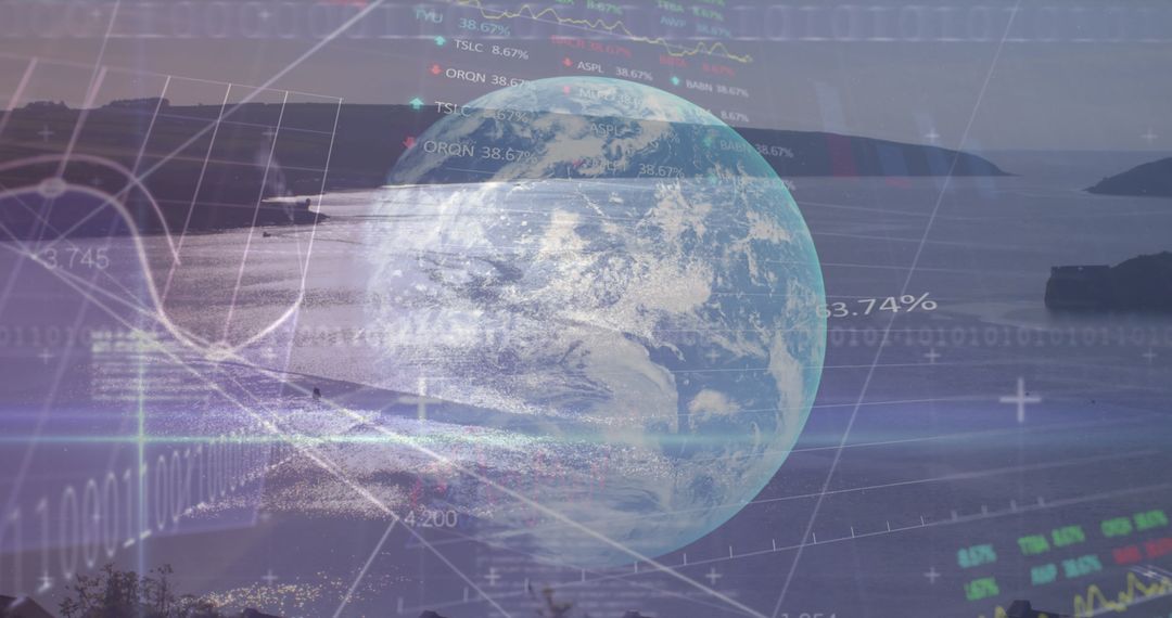 Digital Financial Graphs Overlay Serene Coastal Landscape