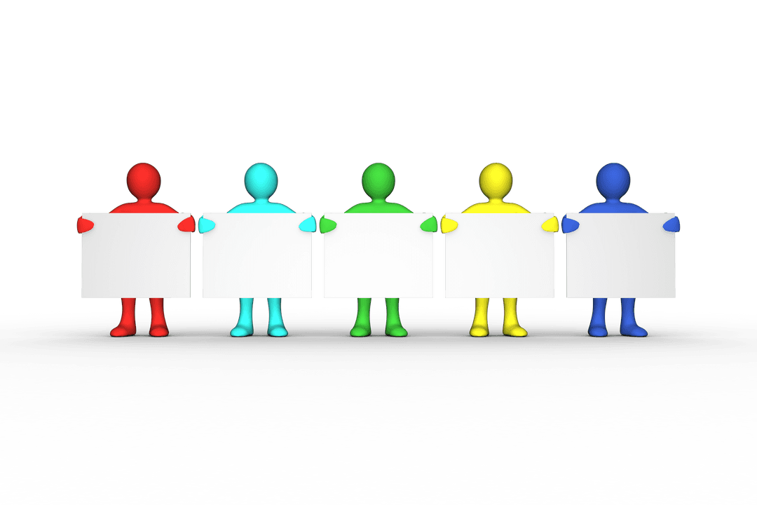 Colorful Figures Holding Blank Signs on Transparent Background