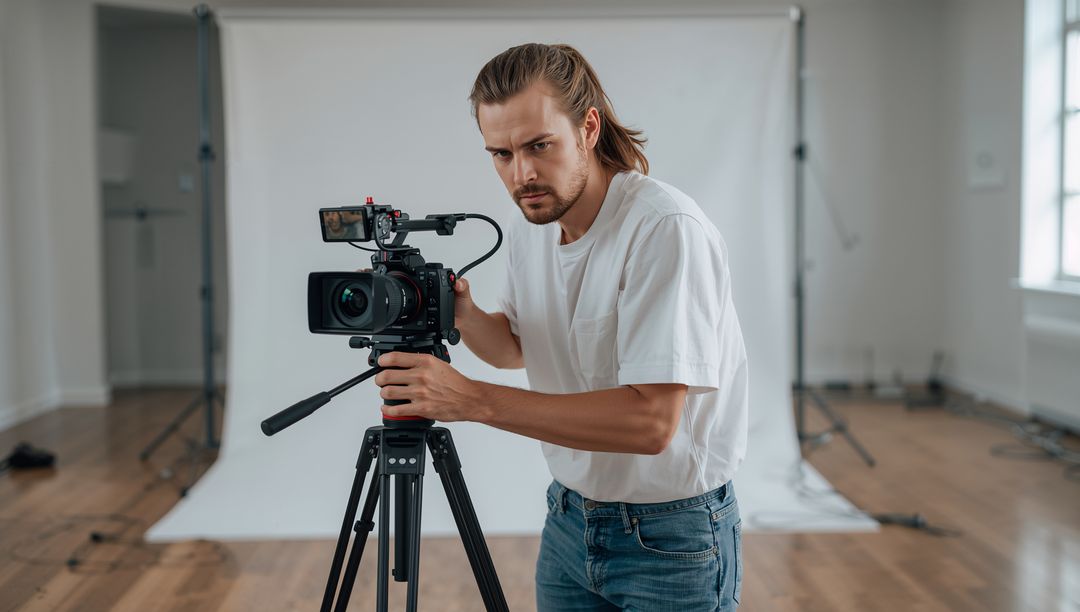 Young Videographer Adjusting Cinema Camera on Tripod in Bright Loft Studio Backdrop