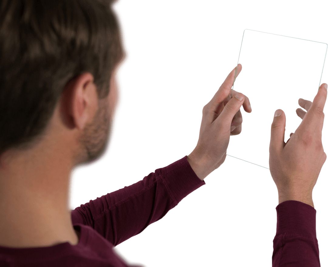 Rear View Man Interacting with Transparent Glass Tablet