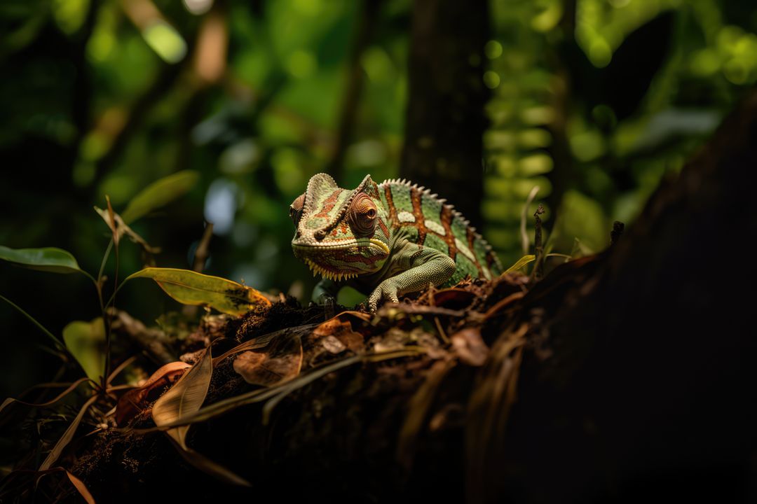 Chameleon Relaxing on Tree Branch in Tropical Rainforest - Free Images, Stock Photos and Pictures on Pikwizard.com