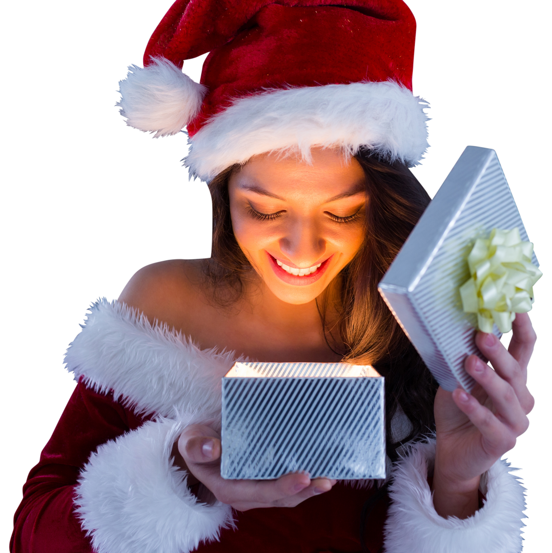 Smiling Woman in Santa Hat Opening Christmas Present on Transparent Background - Download Free Stock Images Pikwizard.com