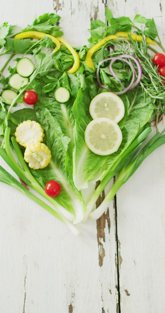 Fresh Vegetables Forming Heart Shape on Rustic Wooden Background