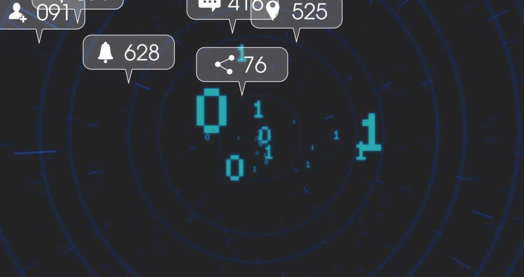 Rotating neon binary HUD with glowing 0s and 1s, notification badges on blue radar rings