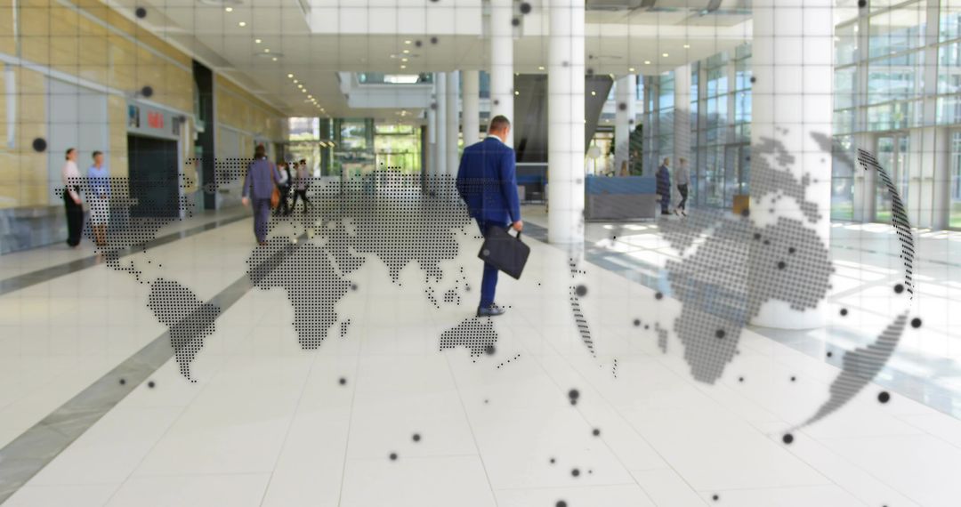 Businessman Walking in Modern Office with Global Map Overlay
