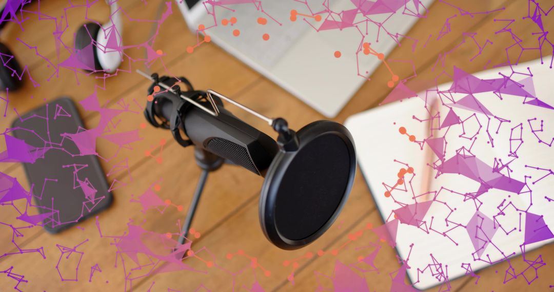 Recording Podcast Microphone on Wooden Desk with Laptop and Pop Filter for Home Studio