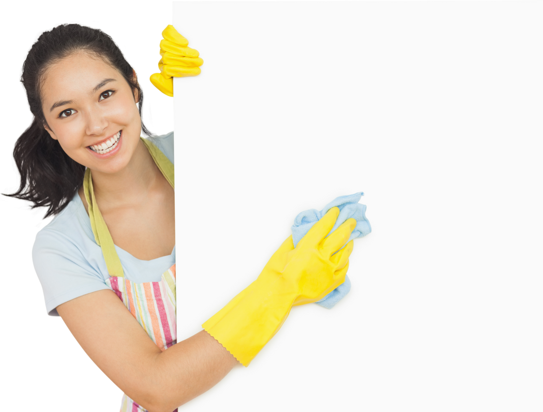 Cheerful Asian Woman Holding Cloth Behind Transparent Surface Cleaning - Download Free Stock Images Pikwizard.com