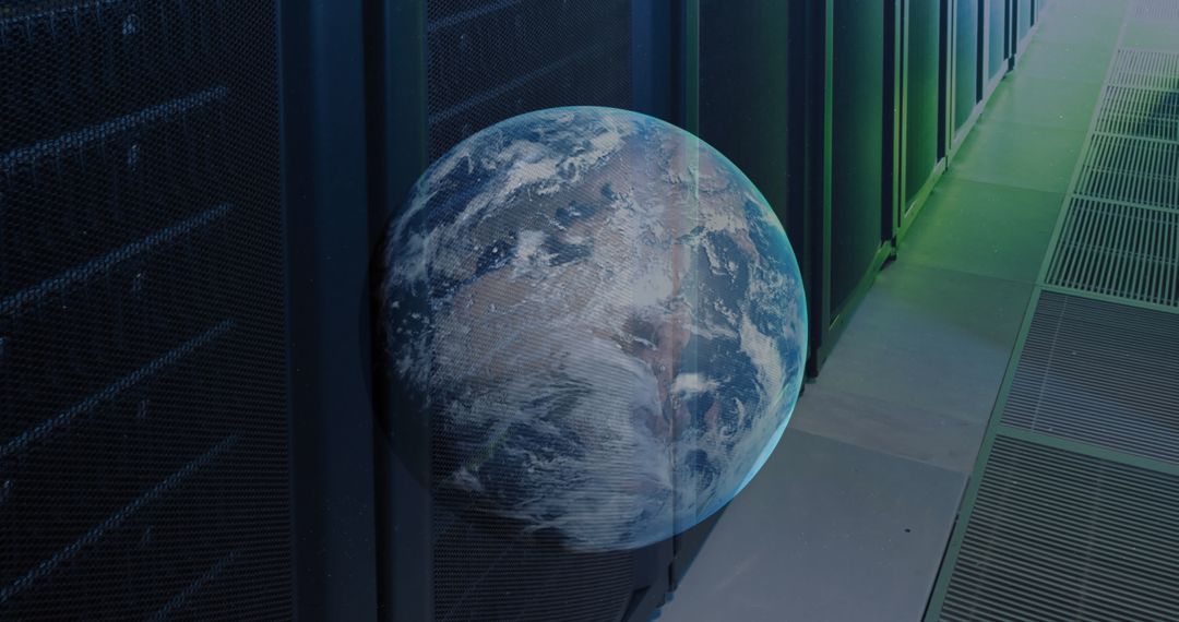 Globe Overlay on Modern Data Center Server Racks Visualizing Global Networking