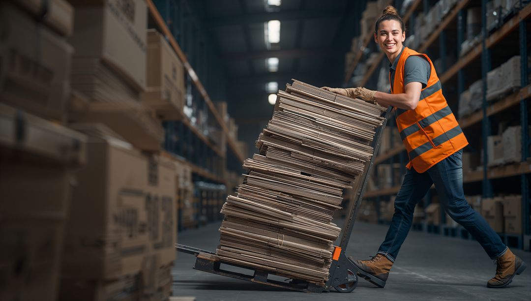 Warehouse Worker Moving Cardboard Sheets on Pallet Jack
