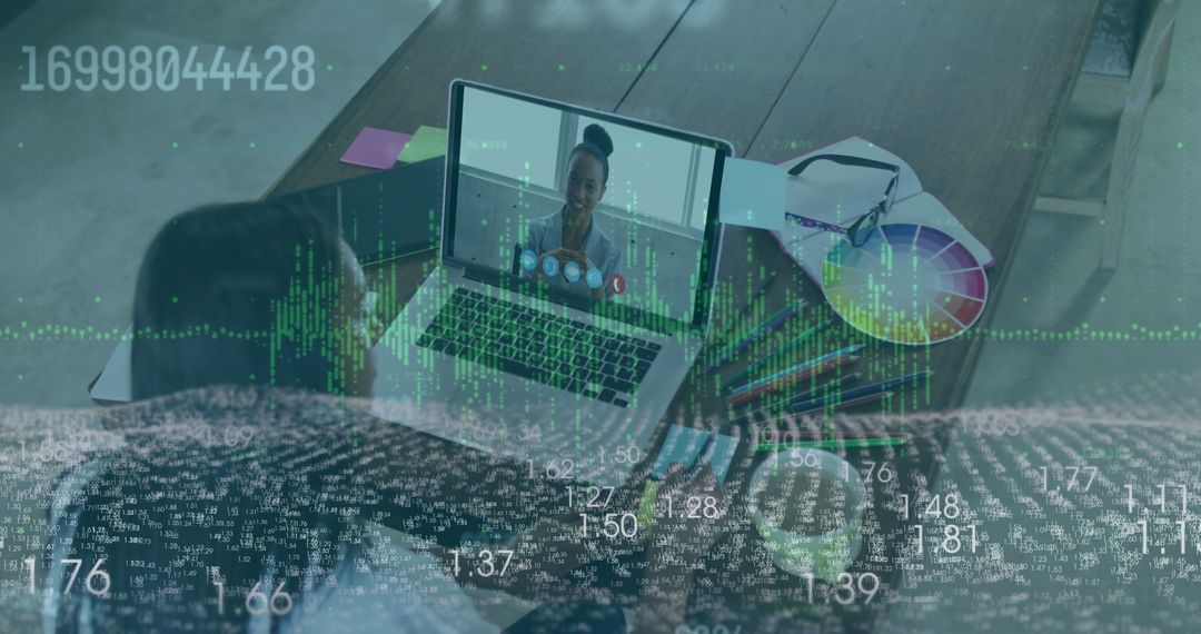 Creative Woman Collaborating via Laptop with Digital Overlay and Timestamp