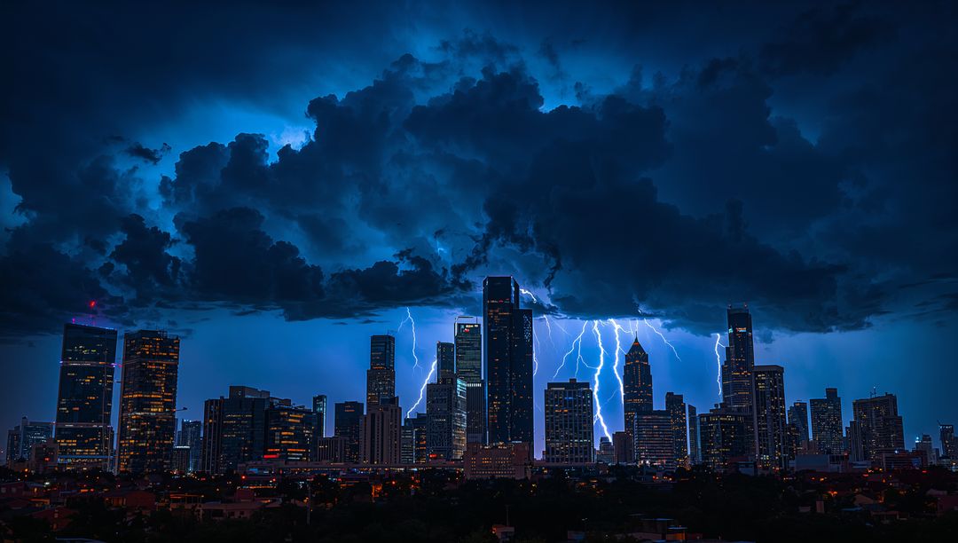 Lightning Striking Downtown Skyline Lighting Glass Skyscrapers Under Dramatic Night Clouds