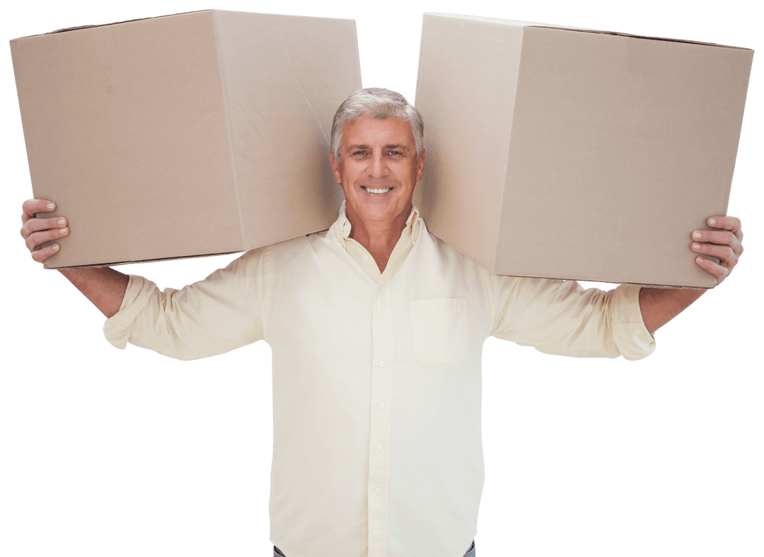 Smiling Senior Man Holding Boxes on Transparent Background