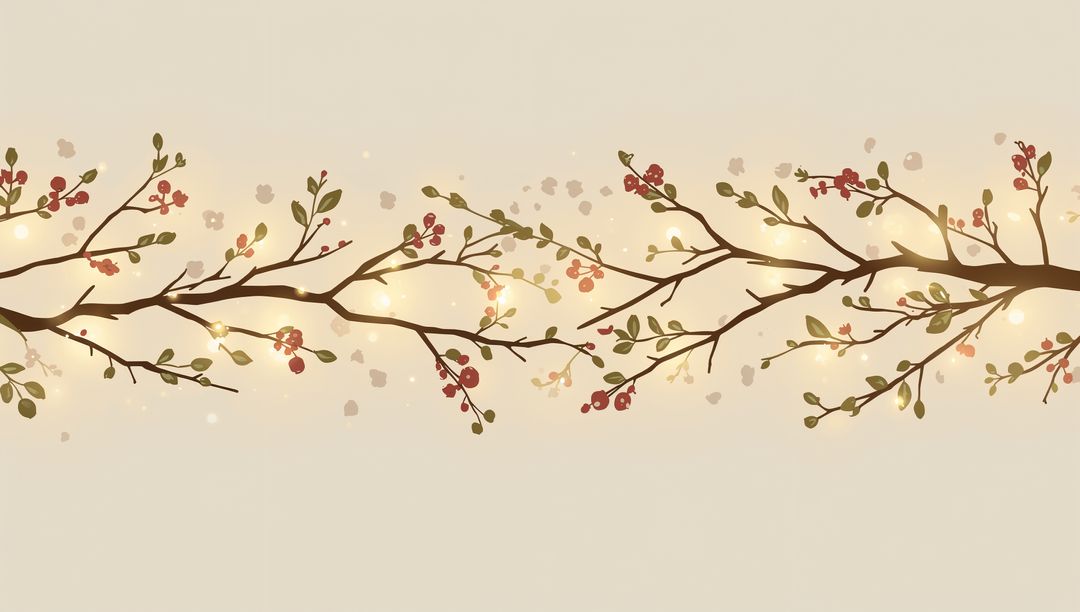Warm Beige Botanical Border with Dark Branches, Olive Leaves and Red Berries