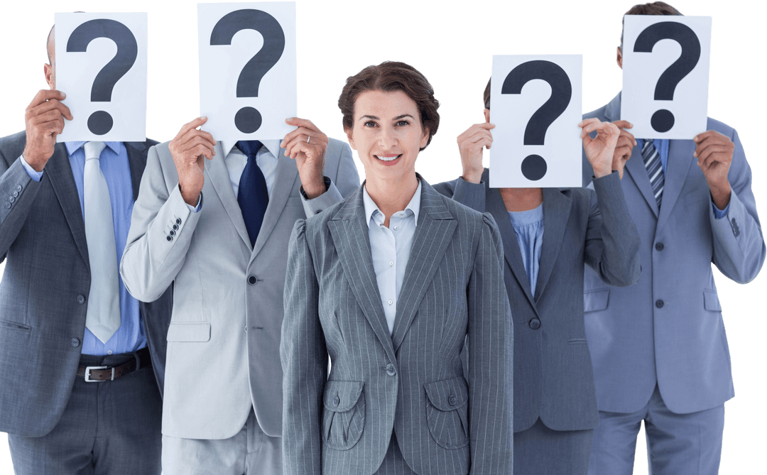 Business Colleagues Holding Question Marks Transparently with a Smiling Manager