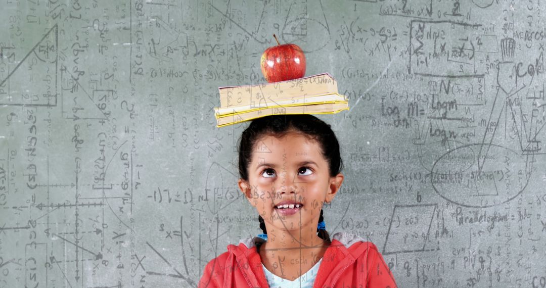 A girl balances a book and apple amidst floating math equations ...