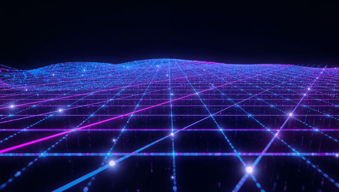 Pulsing neon cyan-magenta wireframe undulating toward vanishing point with glowing nodes
