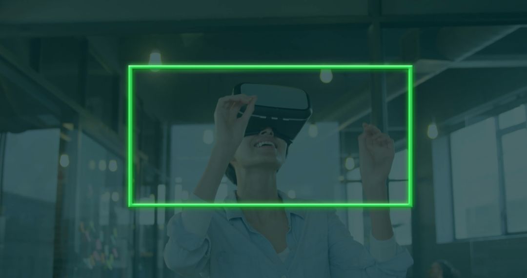 Woman Using VR Headset in Modern Office with Neon Frame