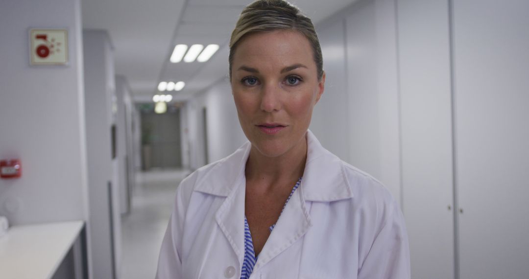 Portrait of caucasian female doctor standing in corridor laughing looking at camera - Free Images, Stock Photos and Pictures on Pikwizard.com