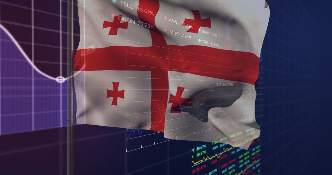 Waving Georgian Flag with Financial Market Data Overlay