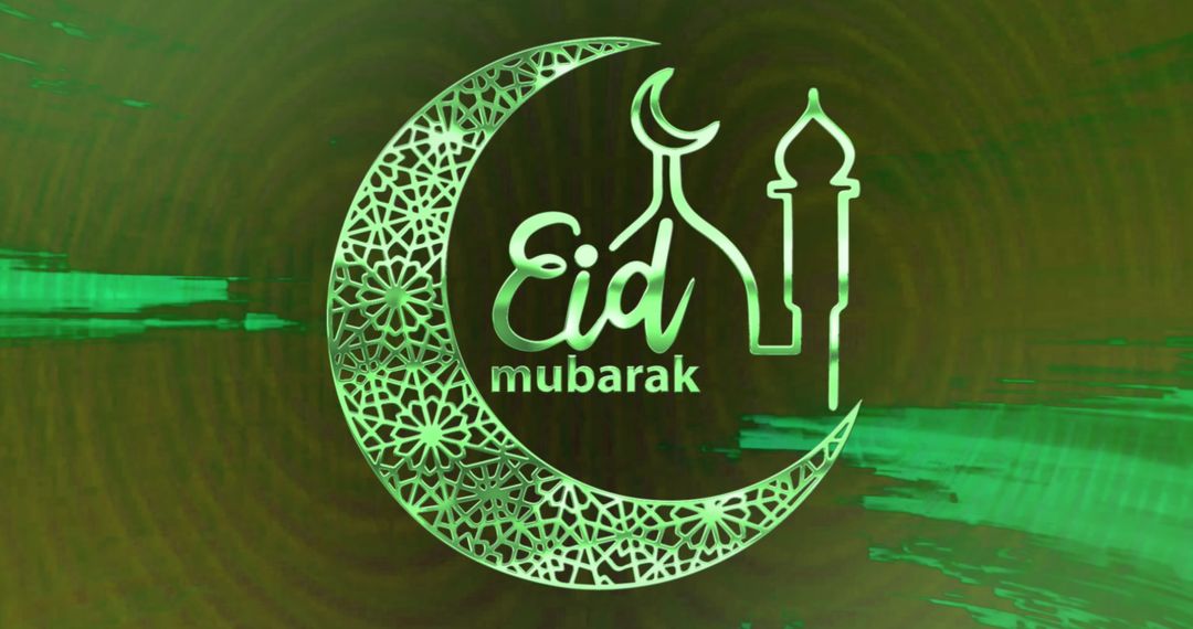 Eid Mubarak Greeting with Green Lighted Crescent and Mosque - Free Images, Stock Photos and Pictures on Pikwizard.com