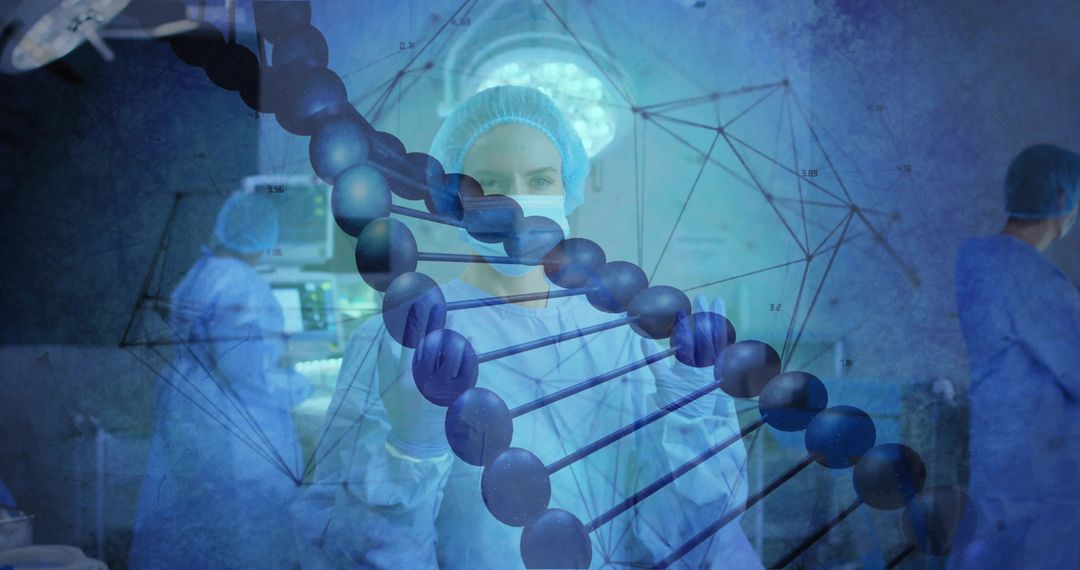 Surgeon Analyzing Digital DNA Helix in Futuristic Surgical Environment