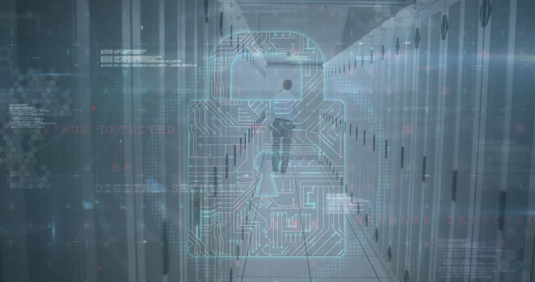 Cyber Security Padlock in Data Server Room Concept