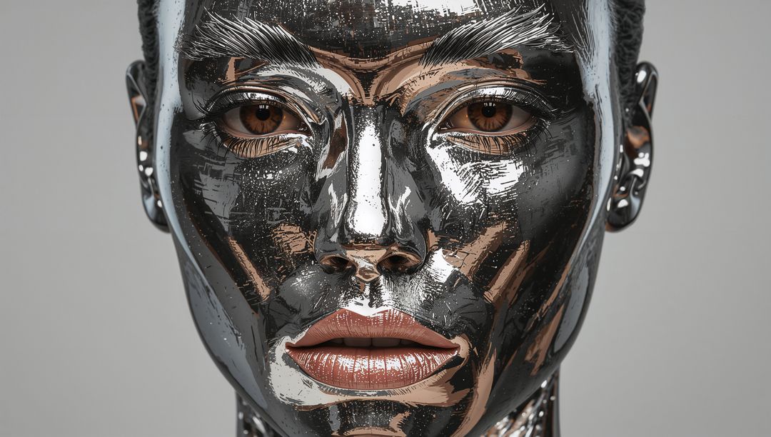 Reflecting chrome-coated humanlike face with brown irises, glossy texture and symmetry