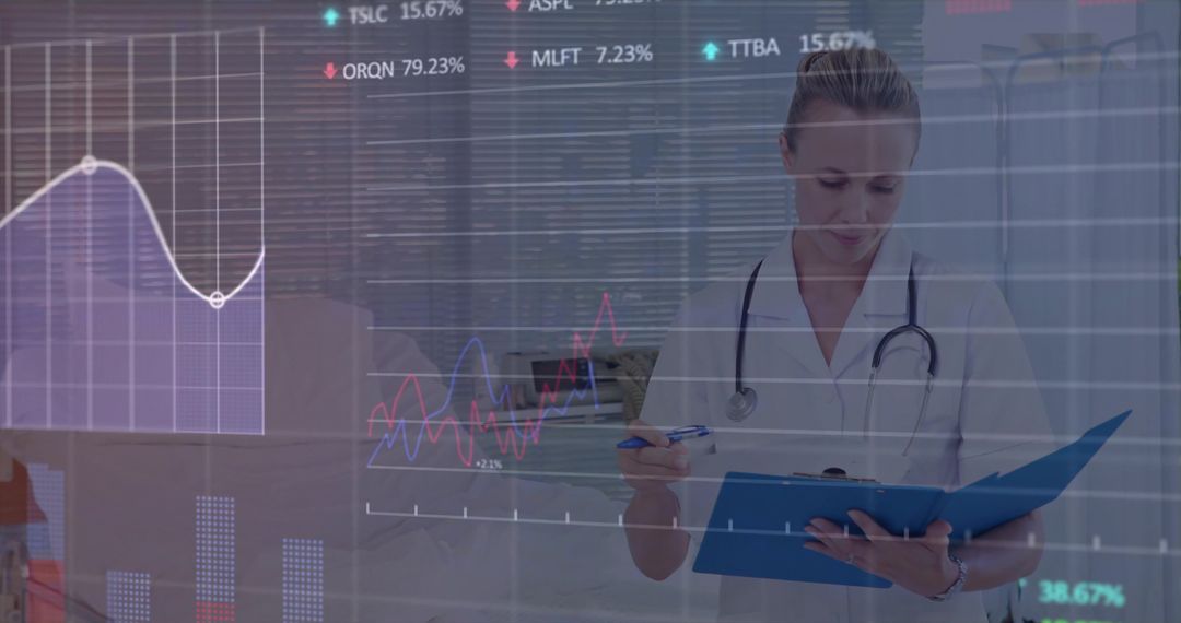 Doctor Analyzing Medical Data with Digital Chart Overlays in Healthcare Clinic