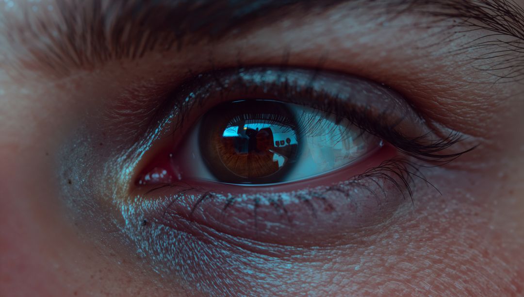 Macro Brown Eye Close-Up Showing Corneal Reflection, Tear Lake, Glossy Iris and Lashes