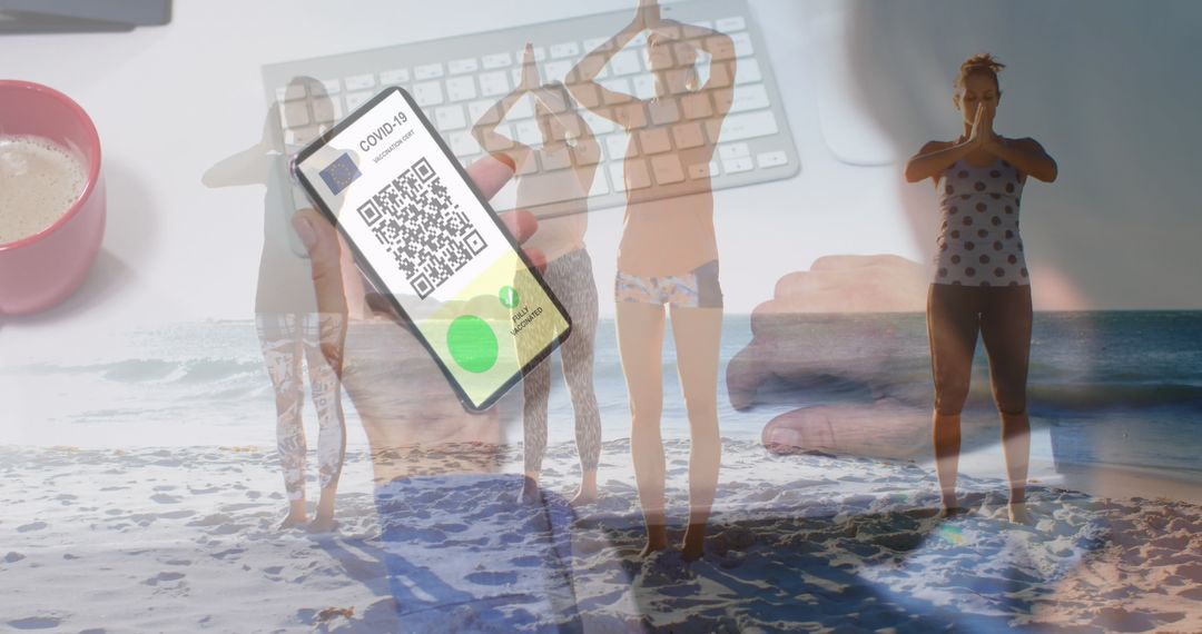 Digital Overlay of Beach Yoga and Technology Lifestyle
