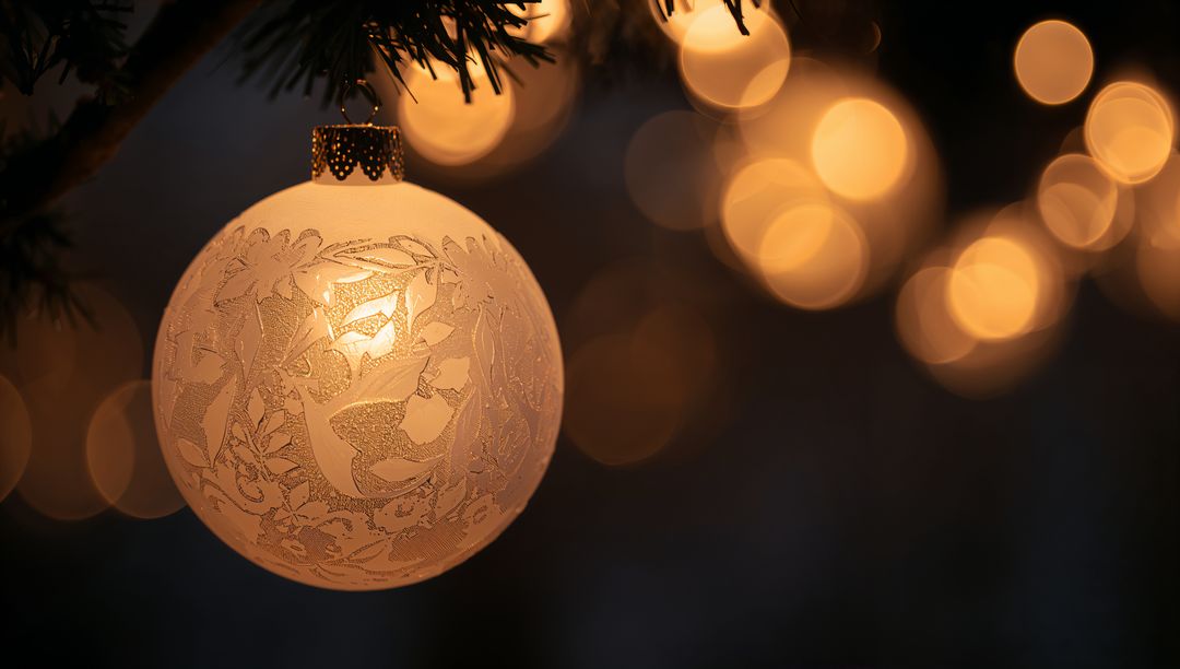 Frosted Glass Ornament Hanging on Pine Branch with Warm Amber Bokeh Glow Elegant Holiday Decor