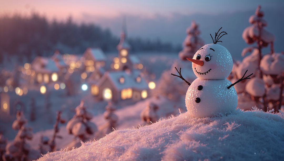 Charming Snowman Overlooking Village at Twilight in Festive Winter Scene