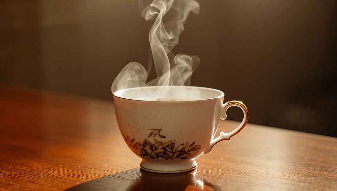 Steaming Porcelain Teacup Releasing Curling Steam on Sunlit Wooden Table with Soft Bokeh