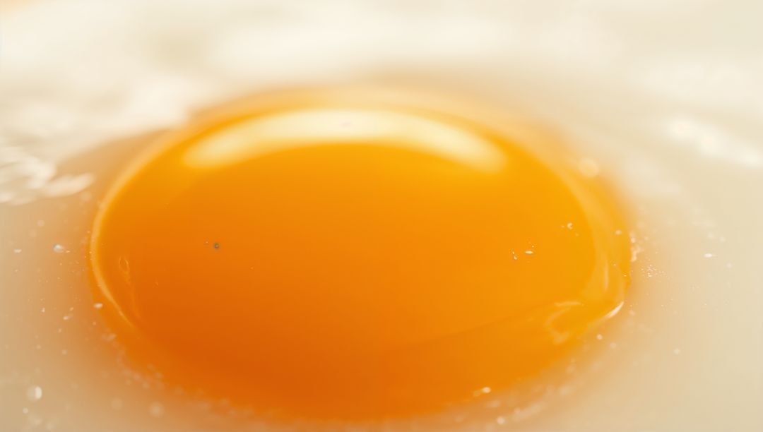 Glowing egg yolk sitting on glossy white with droplets and bubbles macro close-up