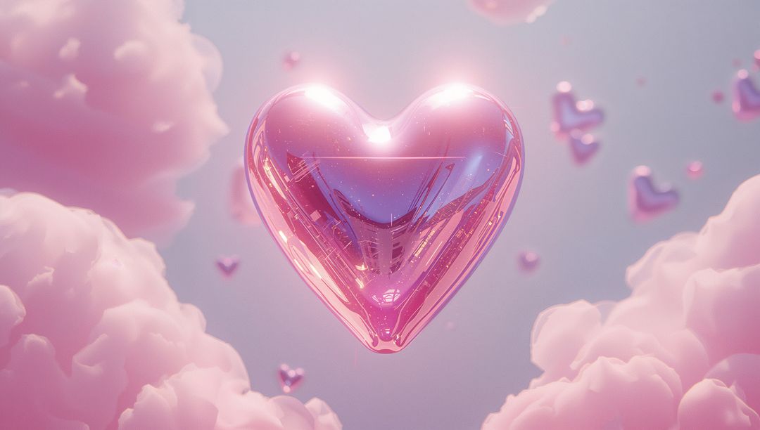 Dreamy Pink Heart Balloon Floating Among Soft Clouds