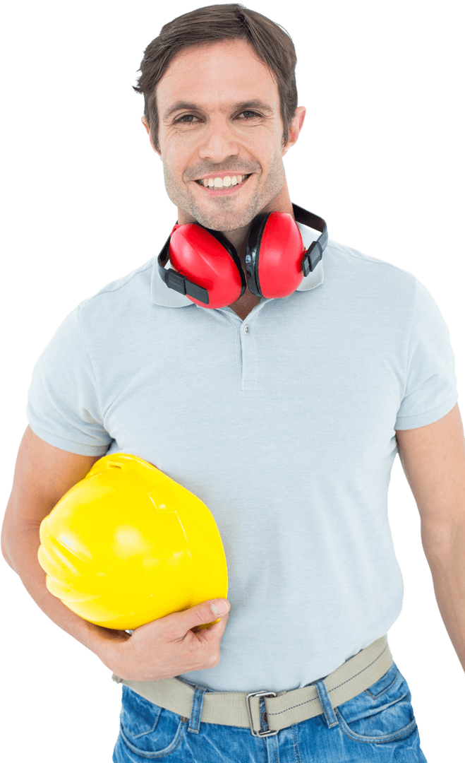 Portrait of Happy Carpenter Holding Yellow Hard Hat with Transparent Background
