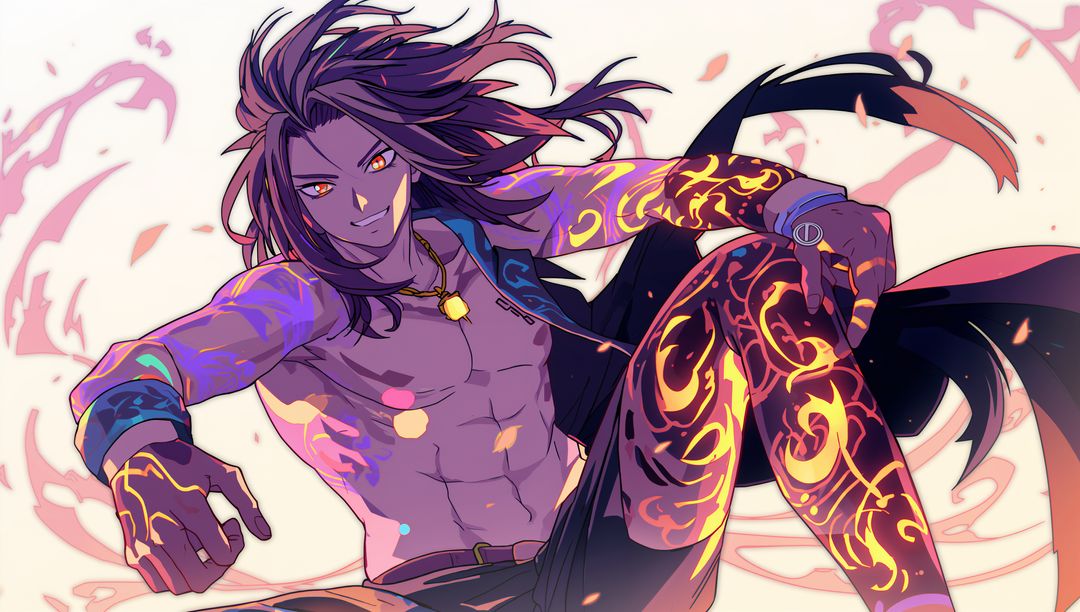 Tattooed warrior with glowing aura in ethereal fantasy setting