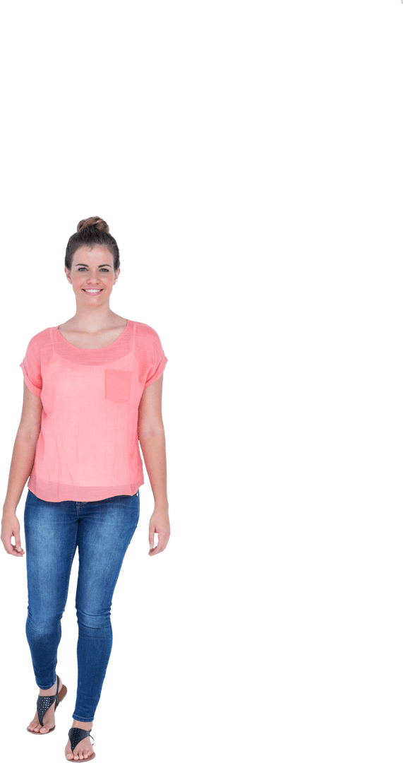 Transparent Walking Woman Smiling in Casual Wear