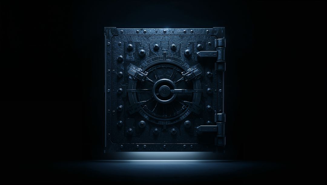 Dominating heavy steel vault door standing in dark secure chamber, showing circular locking hub
