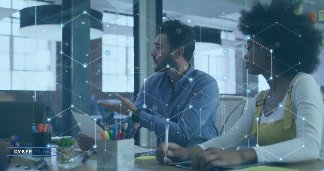 Diverse Team Meeting with Digital Connectivity Overlay in Modern Office