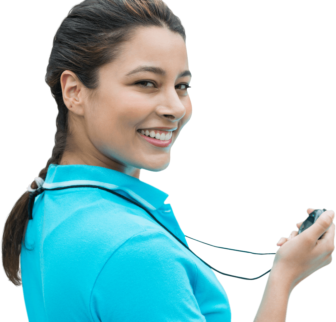Transparent Smiling Coach Holding Stopwatch