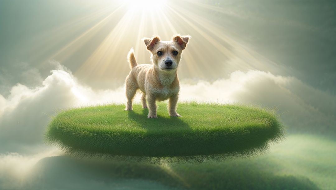 Whimsical Puppy on Floating Grass Island in Dreamlike Sky