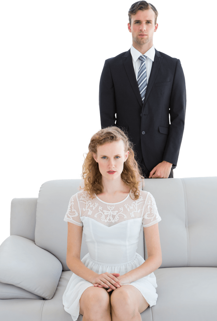 Serious Couple Sitting on Sofa Facing Forward Transparent Background