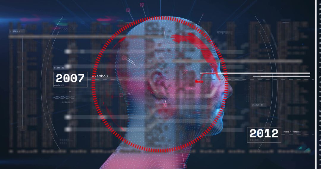 Translucent Head Under HUD Biometric Scan with Red Reticle and Holographic Data Overlay